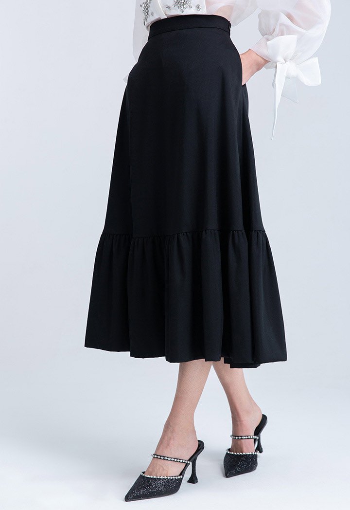 Choice Solid Color Frill Hem Skirt Black