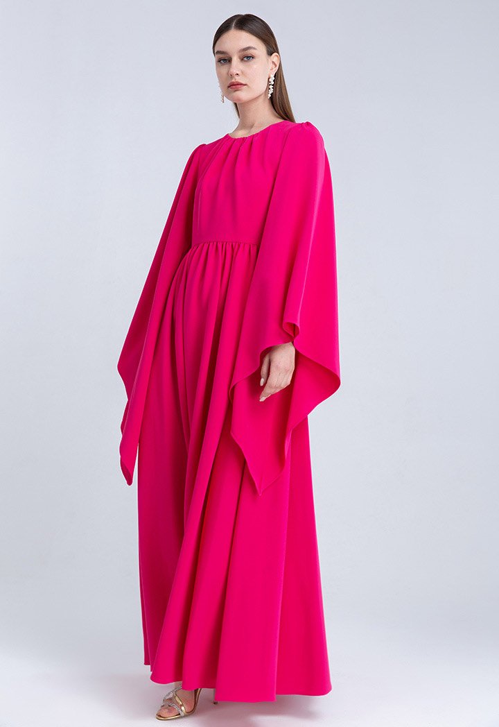 Choice Asymmetrical Sleeve Maxi Dress Fuchsia