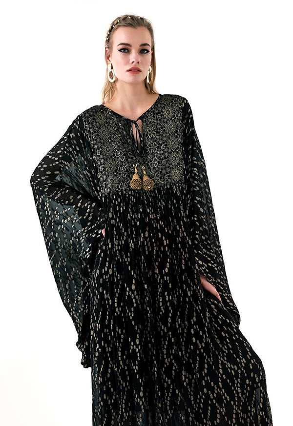 Choice Tassel Tie Neck Kaftan Dress Black - Wardrobe Fashion