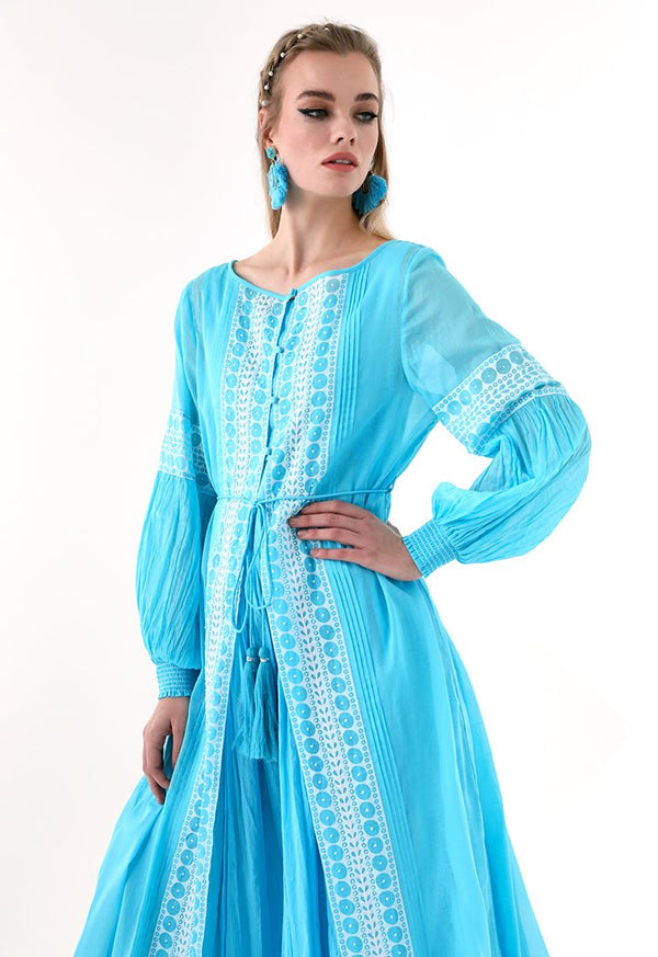Choice Printed Beadwork Abaya Blue - Wardrobe Fashion
