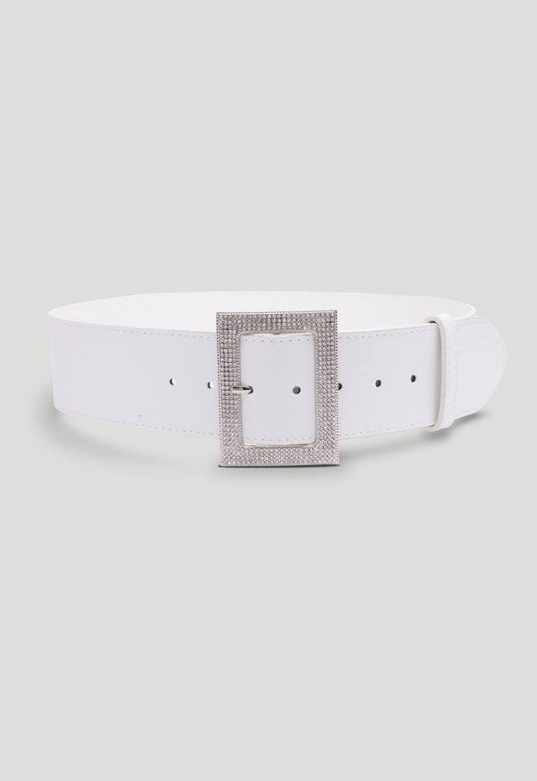 Choice Wide Rhinestone Buckle Belt White - Wardrobe Fashion