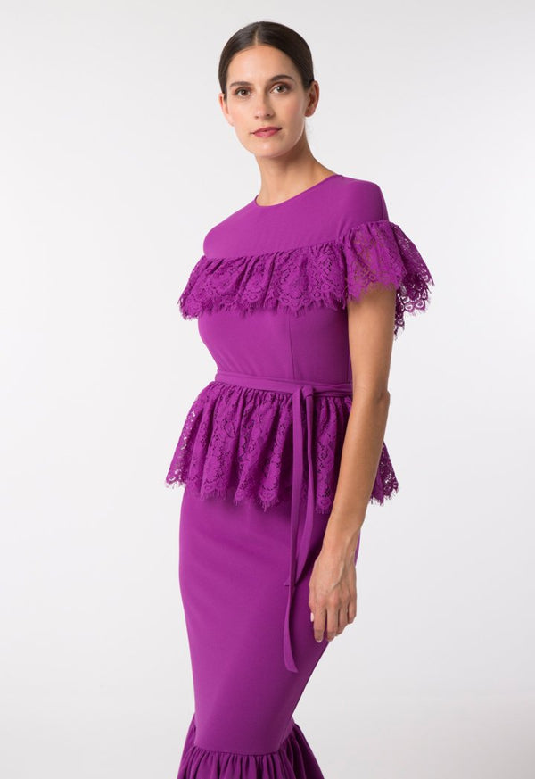 Choice Lace Trim Tiered Dress Purple