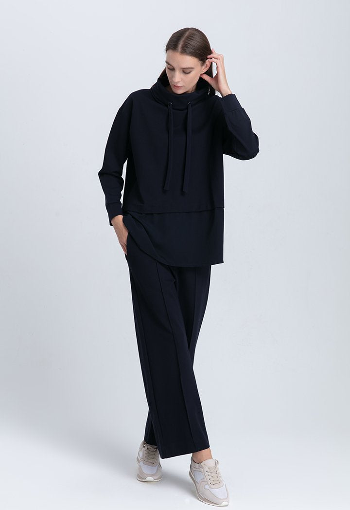 Choice Drawstring Cowl Neck Extended Hem Blouse Blue