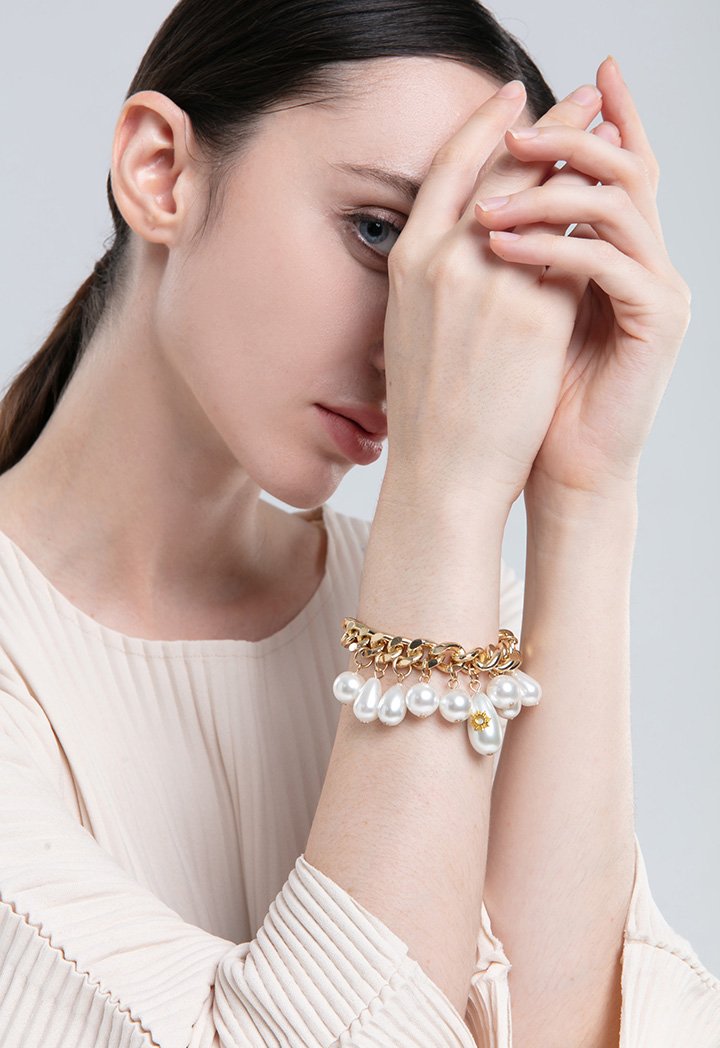 Choice Chunky Link Chain Sun Pearl Drop Bracelet White-Gold