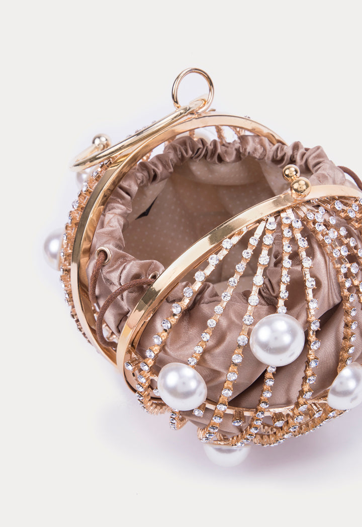 Choice Pearl Beaded Rhinestone Round Clutch Bag Gold