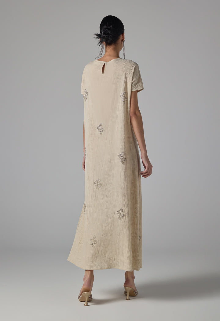 Choice Single Tone Crystal Embellished Maxi Dress - Ramadan Style Beige