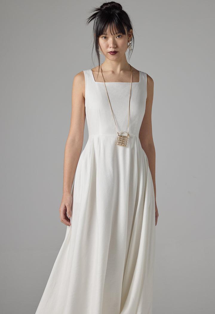 Choice Solid Sleeveless Flared Maxi Dress - Ramadan Style Off White