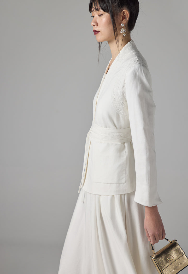 Choice Solid Long Sleeves Embroidered Kimono - Ramadan Style Off White