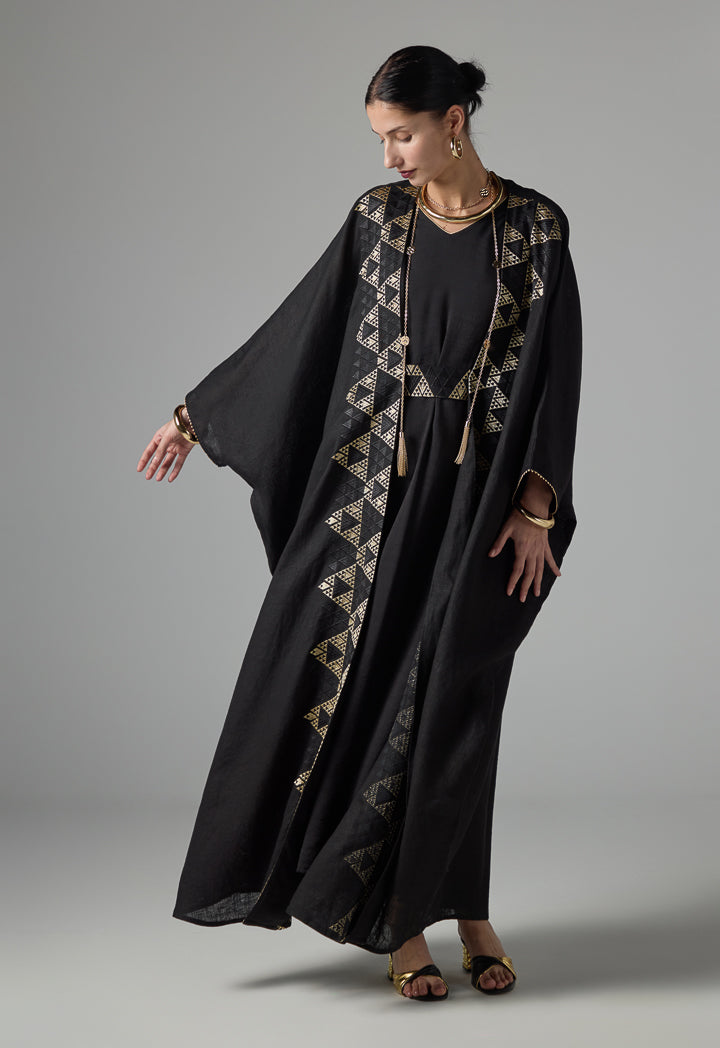 Choice Solid Maxi Abaya With Embroidered Geometric - Ramadan Style Black