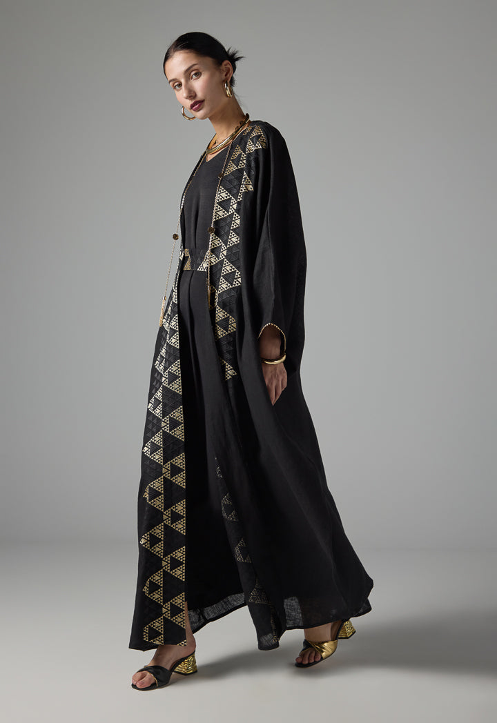 Choice Solid Maxi Abaya With Embroidered Geometric - Ramadan Style Black