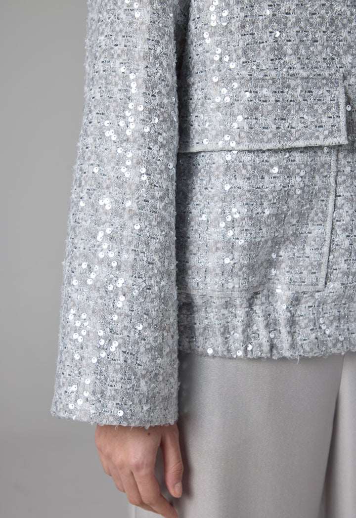 Choice Tweed Sequin Jacket With Front Pockets Grey