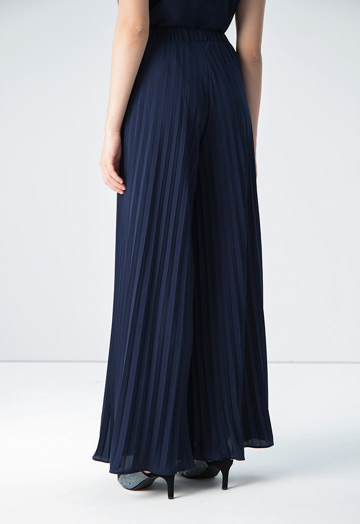 Choice Solid Pleated Wide Legs Trousers Navy