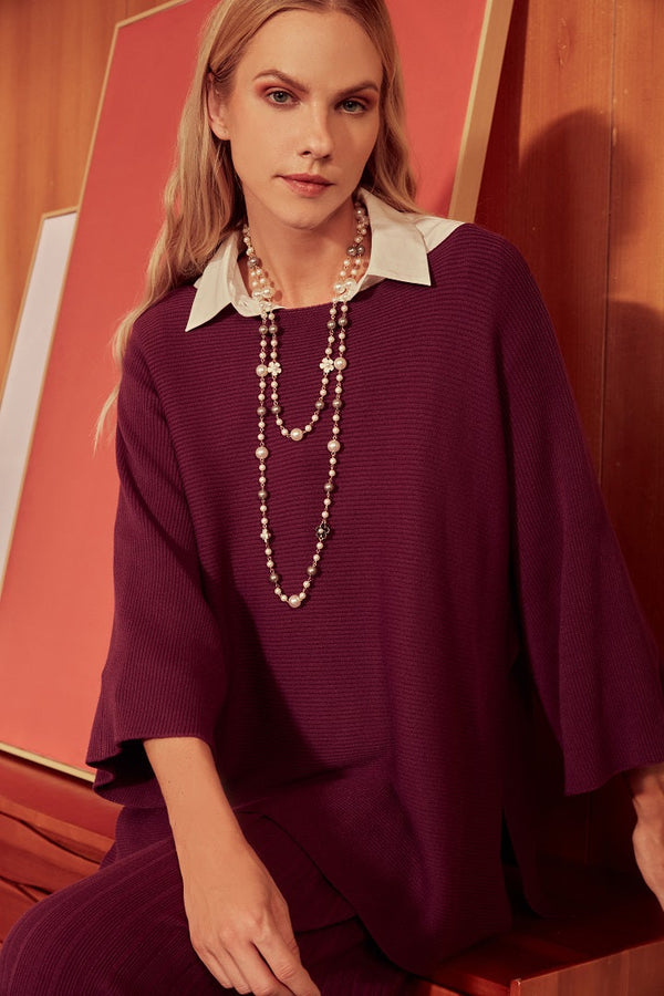Choice Side Slit Textured Knitted Blouse Burgundy