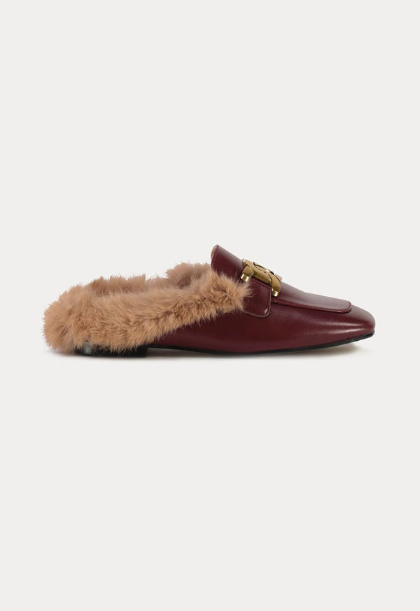 Choice Faux Leather Fur Loafer Mules Shoes Burgundy