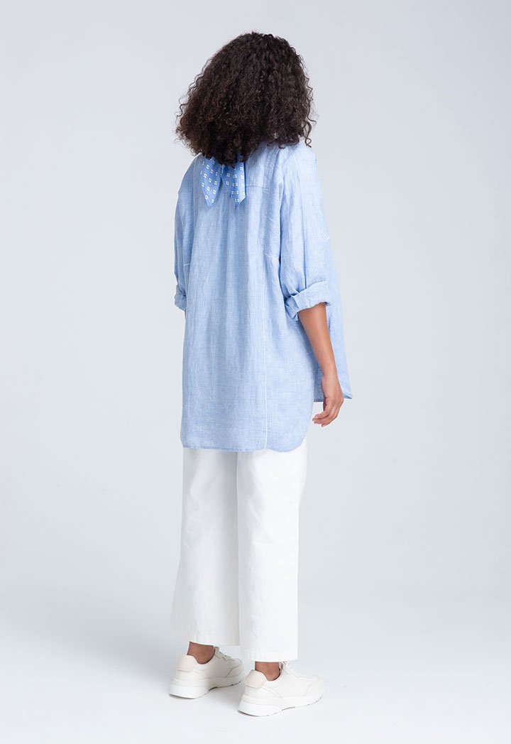 Choice Insertion Lace Melange Linen Shirt Blue