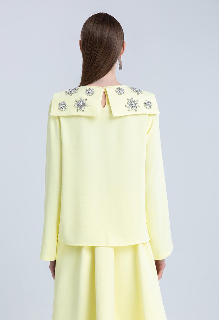 Choice Clear Crystal Embellished Long Sleeve Blouse Yellow