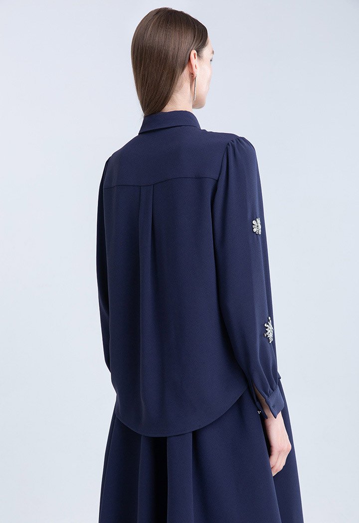 Choice Clear Crystal Embellished Long Sleeve Shirt Navy