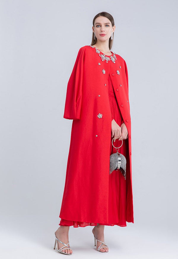 Choice Clear Crystal Embellished Pleated Sleeve Outerwear Red