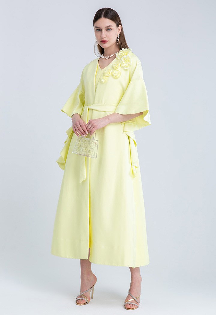 Choice Side Ruffle Butterfly Open Front Outerwear Yellow