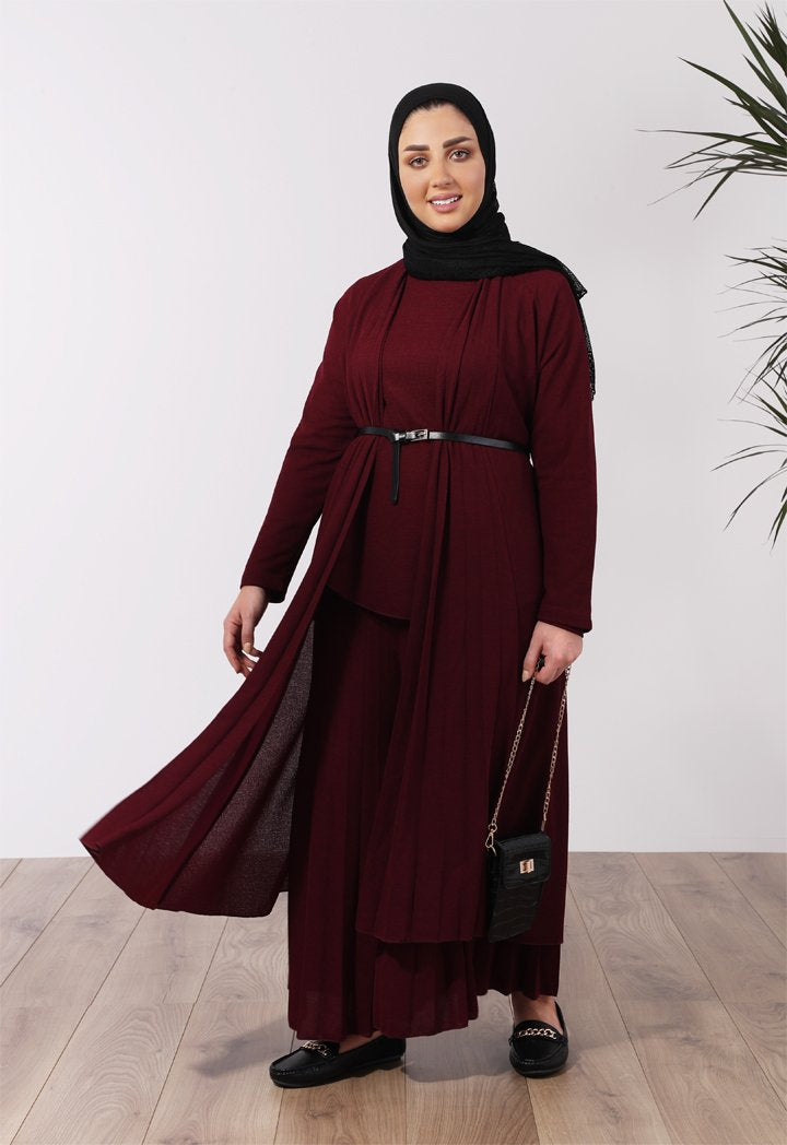 Choice Back Pleated Open Front Outerwear Dark Burgundy