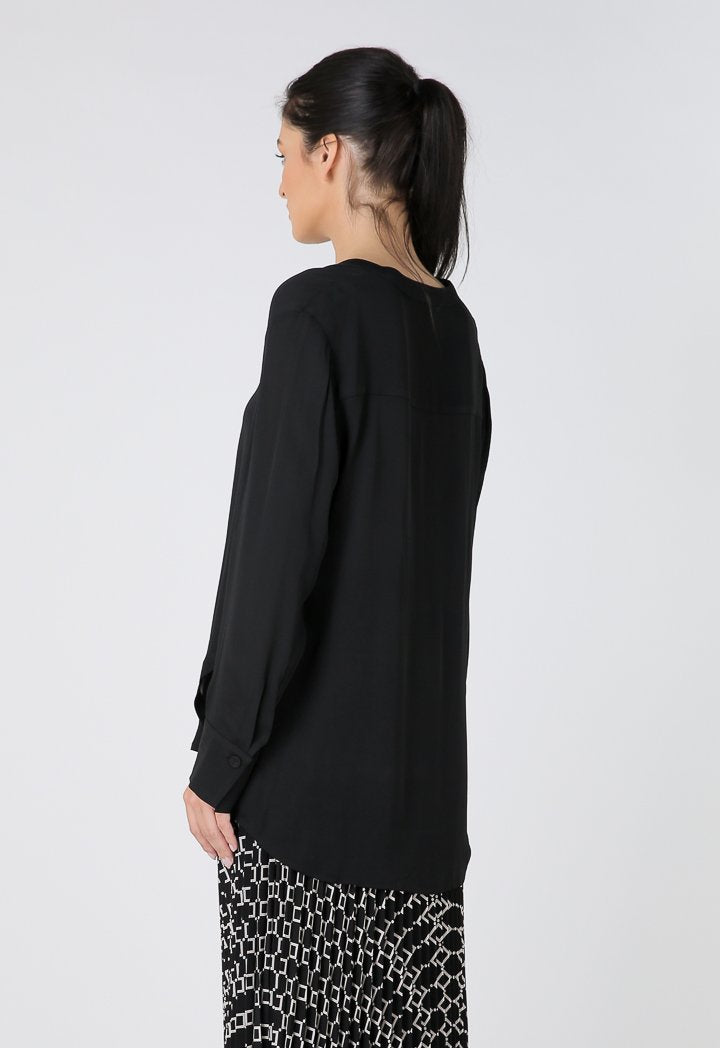 Choice Overlapping V-Neck Long Sleeves Shirt Black