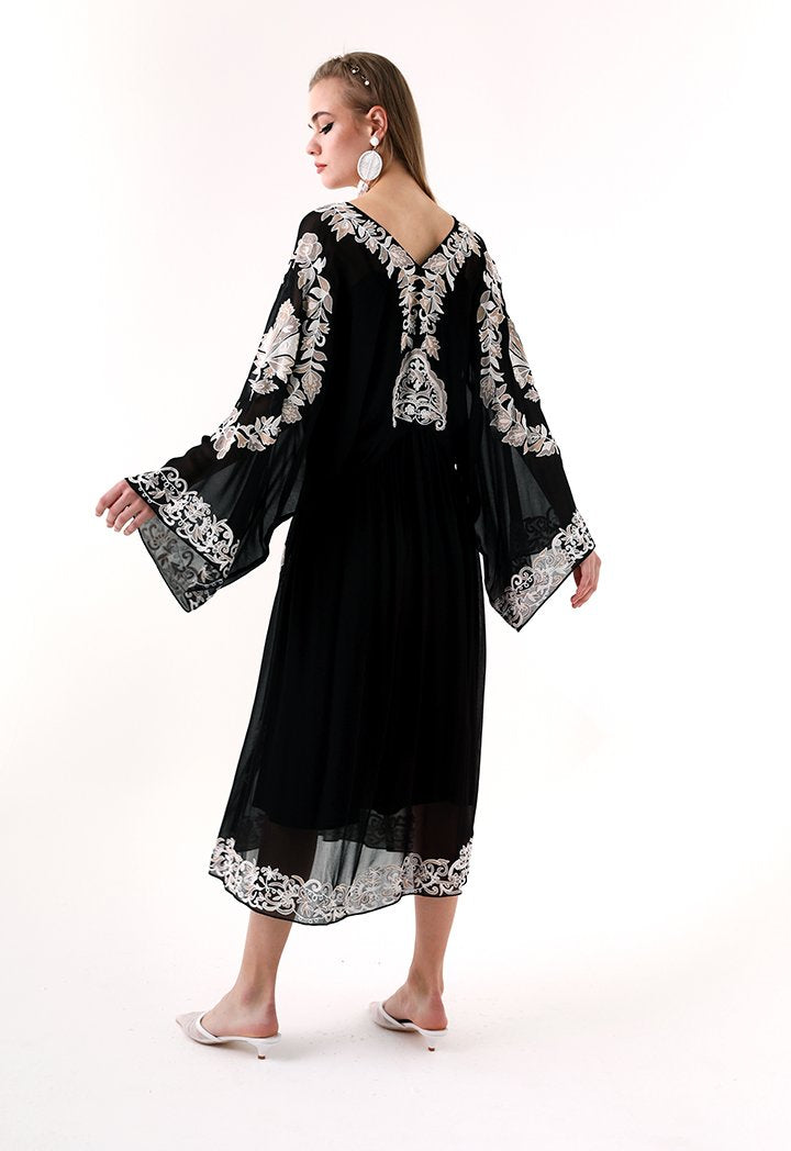 Choice Embroidered Kaftan Midi Dress Black - Wardrobe Fashion