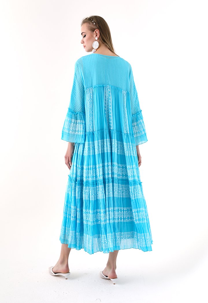 Choice Printed V-Neck Tiered Dress Blue - Wardrobe Fashion