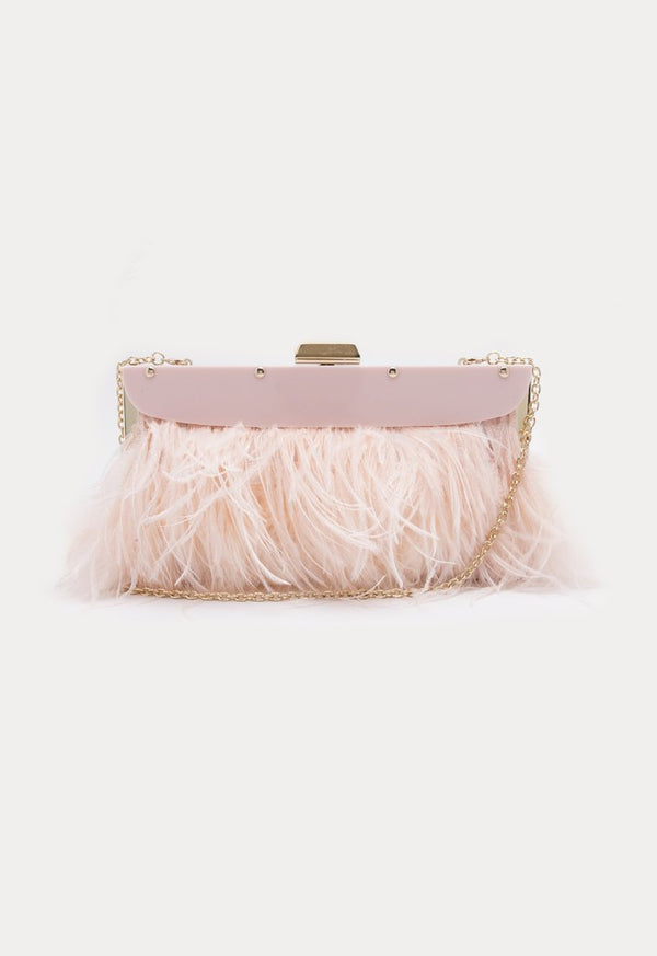 Choice Feather Trim Clutch Bag Blush - Wardrobe Fashion