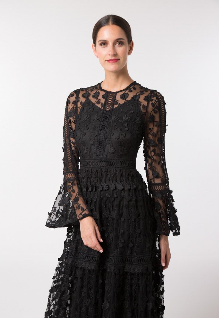 Choice Patterned Lace Trim Dress Black