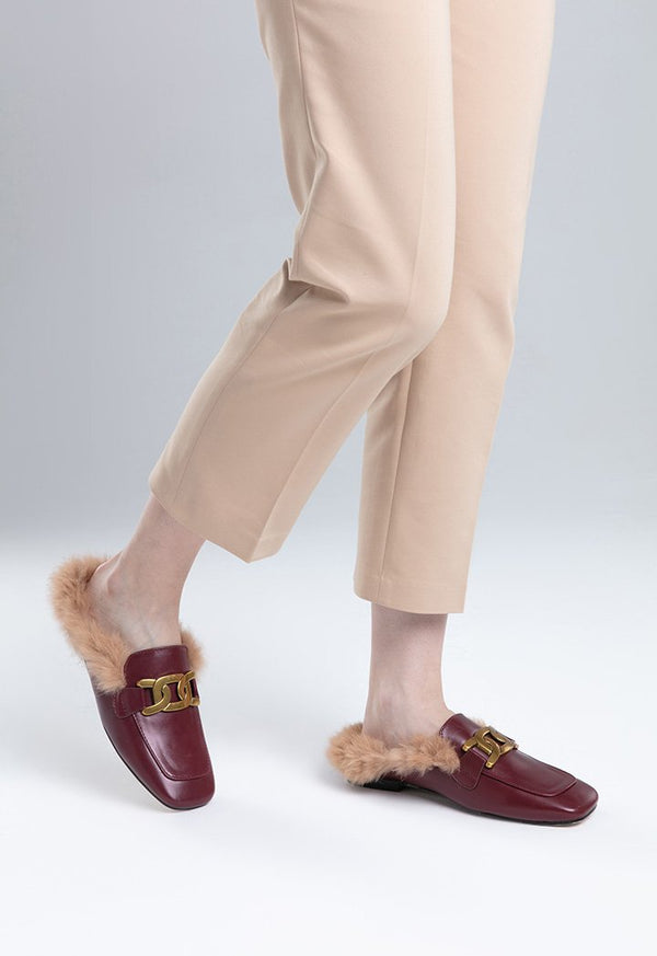Choice Faux Leather Fur Loafer Mules Shoes Burgundy