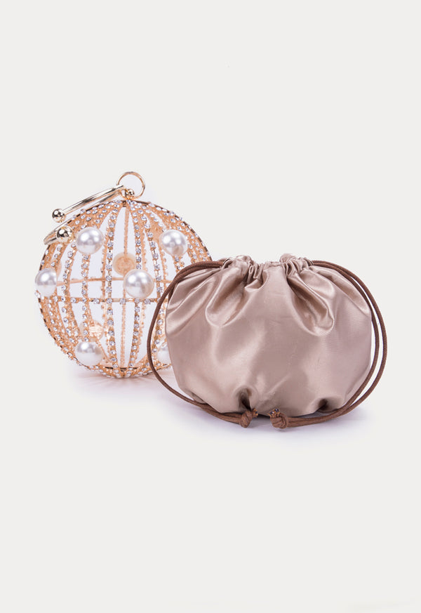 Choice Pearl Beaded Rhinestone Round Clutch Bag Gold