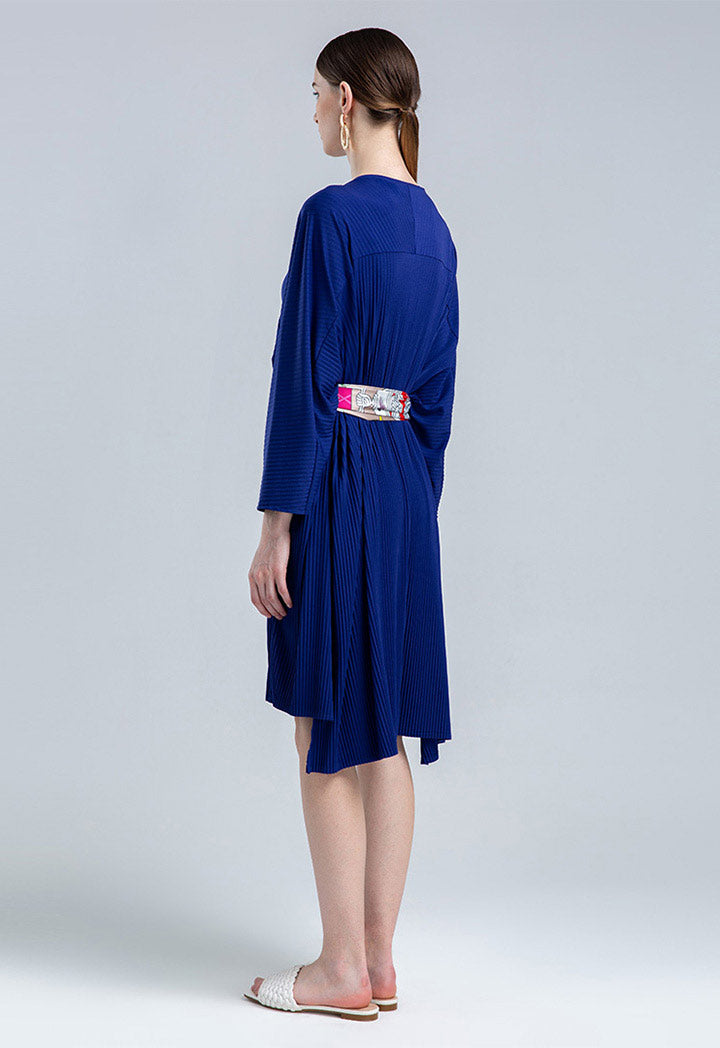 Choice Long Sleeve Pleated Dress Blue