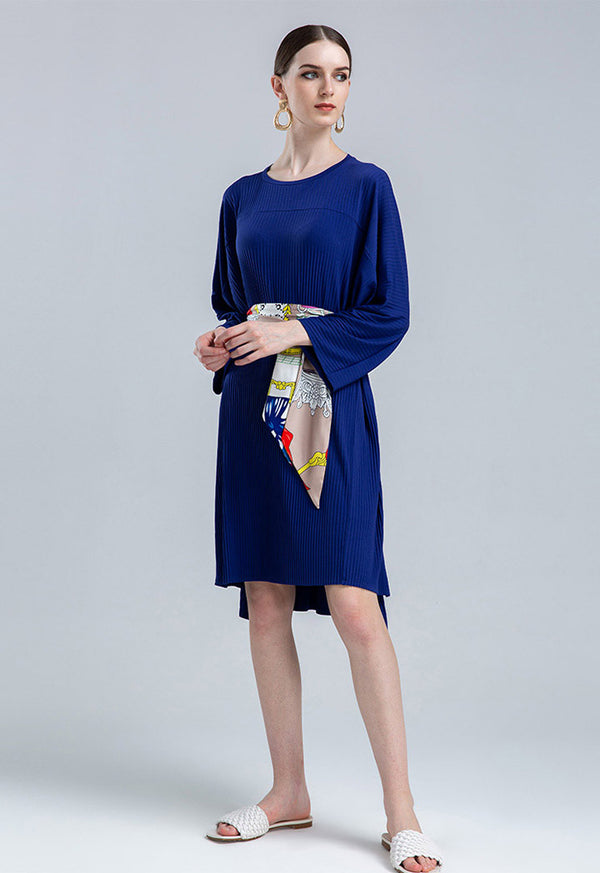 Choice Long Sleeve Pleated Dress Blue