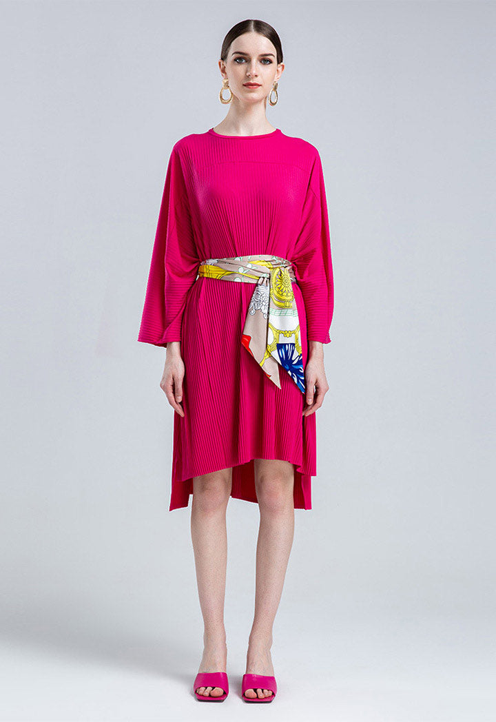 Choice Long Sleeve Pleated Dress Fushia