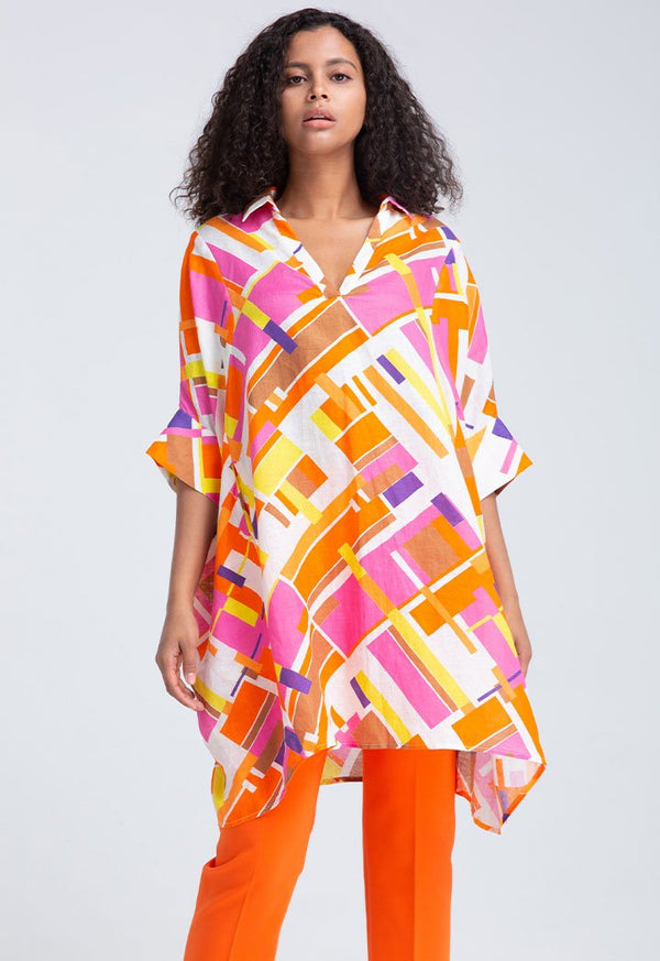 Choice Non-Crushed Printed Linen Oversized Shirt Fuchsia