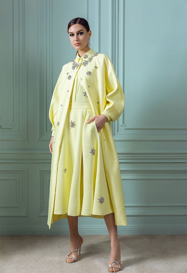 Choice Clear Crystal Embellished Pleated Sleeve Outerwear Yellow