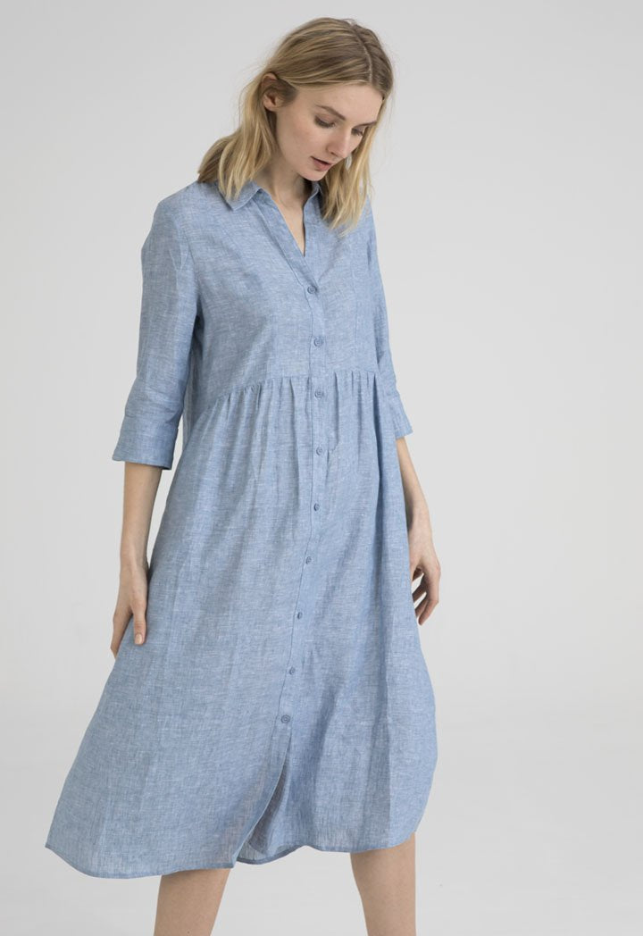 UNQ Long Sleeve Belted A-Line Midi Dress BLUE