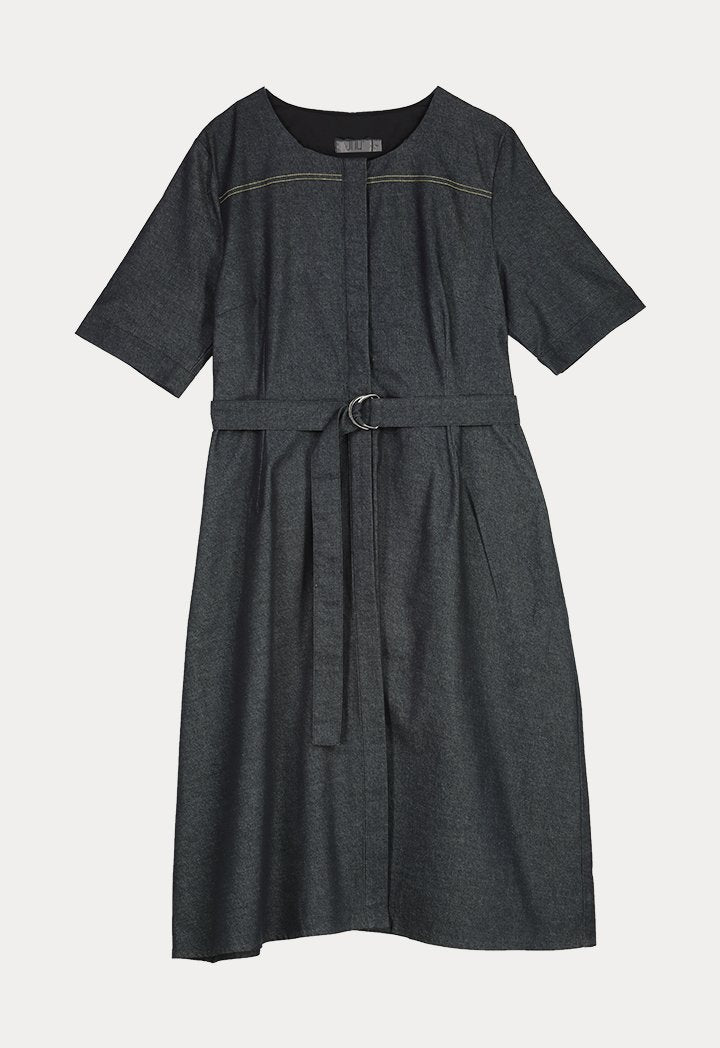UNQ Denim Short Sleeve Belted A-Line Midi Dress DARK GREY