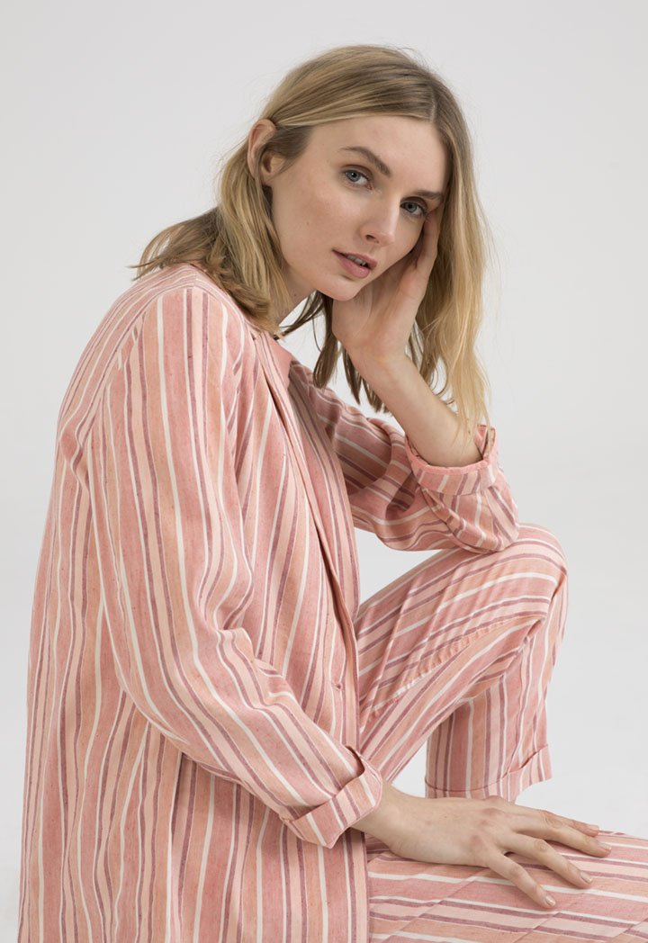 UNQ Linen Striped Notched Collar Single Breasted Jacket PINK