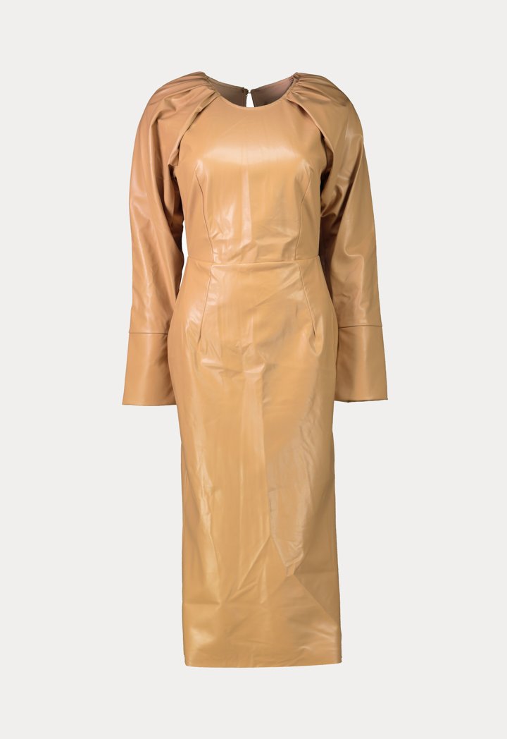 Kameya Long Sleeve Back Keyhole Sheath Midi Dress Beige