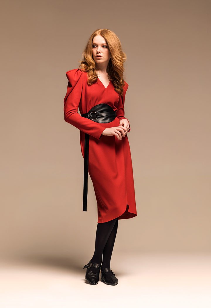 Kameya Long Sleeves Belted Sheath Midi Dress Brick