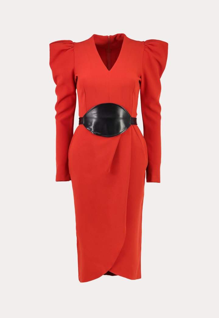 Kameya Long Sleeves Belted Sheath Midi Dress Brick