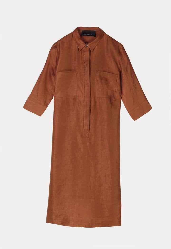 Apanage Linen Double Pocket Long Sleeve Shift Shirt Dress Brown
