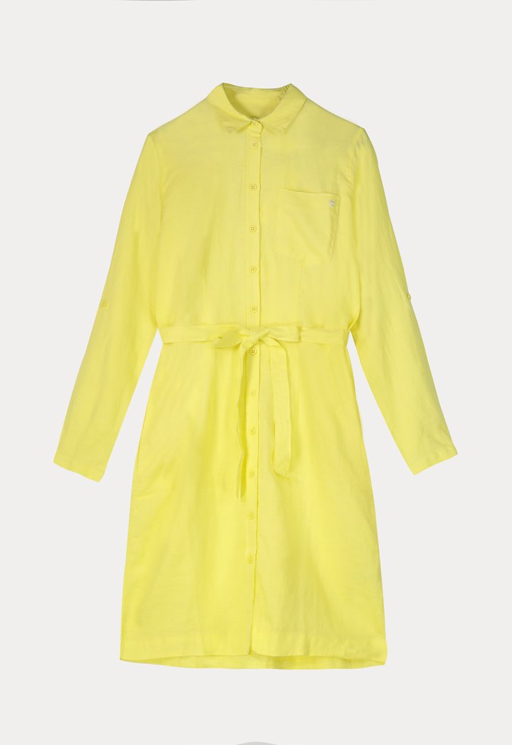 Brax Linen Long Sleeve Belted A-Line Shirt Dress Yellow