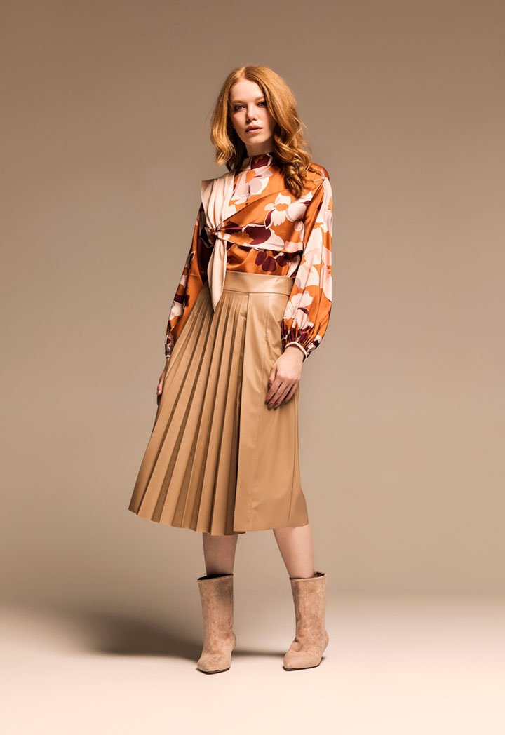 Kameya Pleated A-Line Midi Skirt Beige
