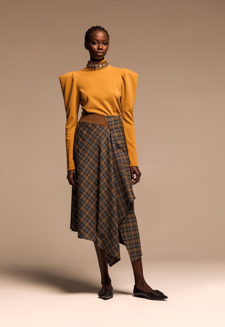 Kameya Front Overlap Asymmetrical Midi Skirt Cinnamon