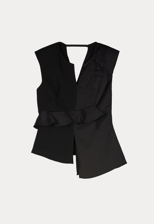 Kameya Ruffle Waist Sleeveless Asymmetrical Blouse Black