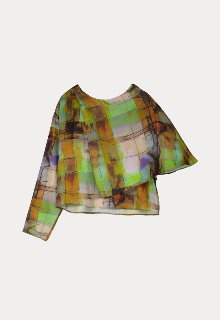 Kameya Printed Asymmetrical Sleeve Relaxed Fit Blouse Green