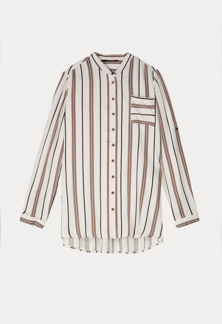 Apanage Striped Long Sleeve Single Pocket Dip Hem Shirt Multi Color