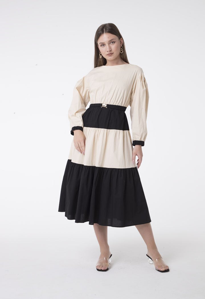 Nocturne Long Sleeve Belted Tiered A-Line Midi Dress Beige